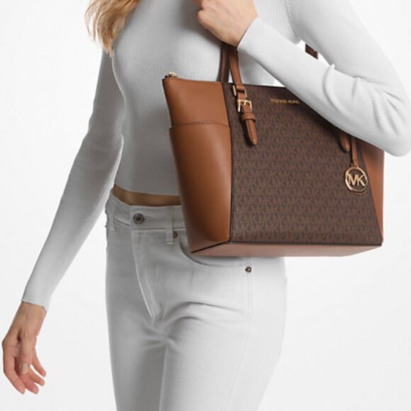 NWT Michael Kors Charlotte Top Zip Tote MK Signature Shoulder Bag Brown - Picture 2 of 15